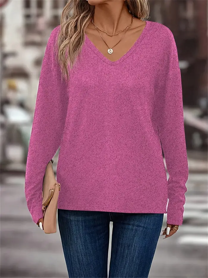 T-shirt uni à manches longues et col en V pour femme