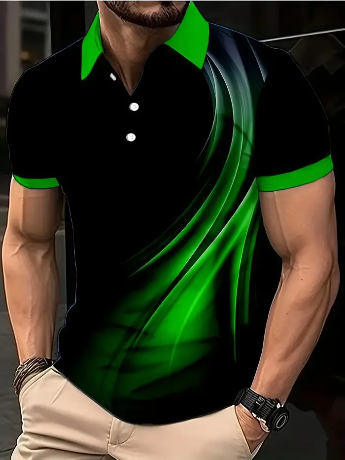 Polo à manches courtes contrastant avec imprimé abstrait, col vert, pour homme, idéal pour le golf et les sports d'été
