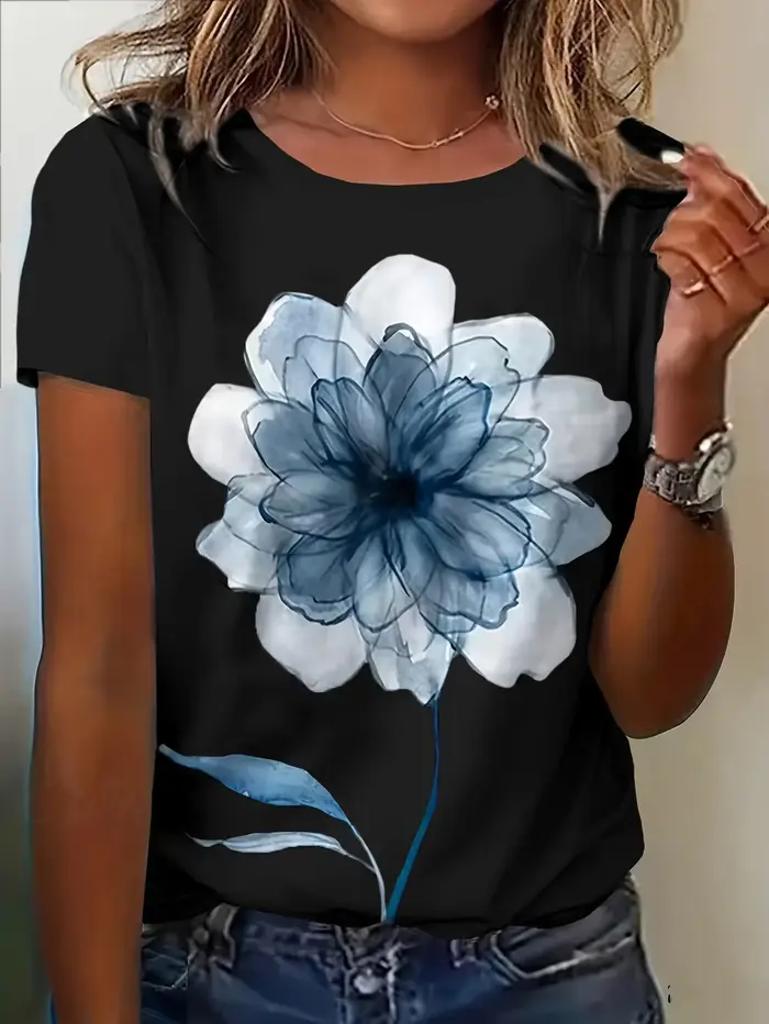 T-shirt imprimé floral vintage pour femme – Fleurs aquarelle bleu et blanc