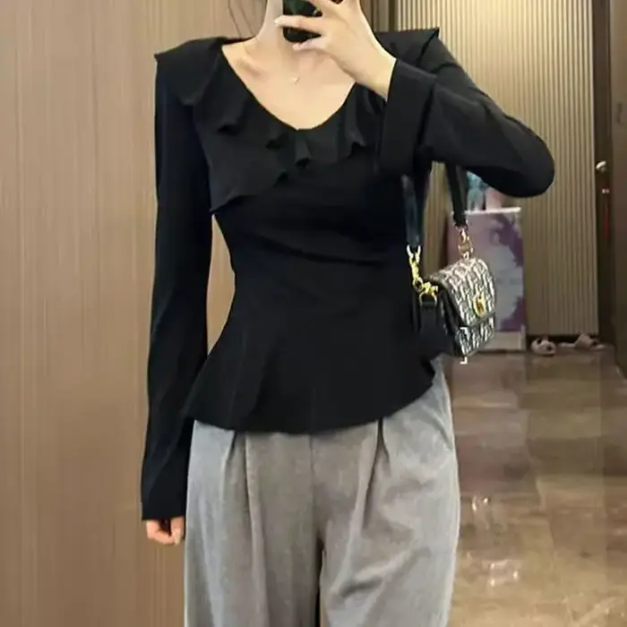 T-Shirt à manches longues et col en v pour femme