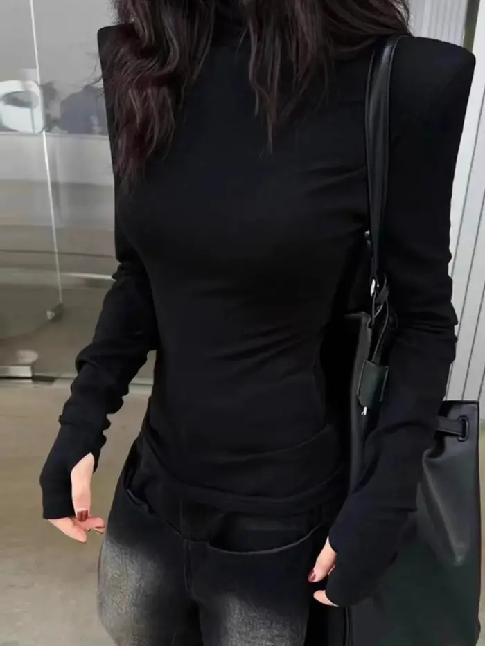 Pull col roulé femme manches longues sans poignet style coréen minimaliste 2025 épaules structurées 