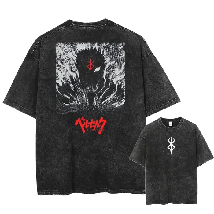 Berserk-T-shirt vintage en coton délavé pour homme et femme