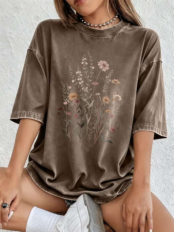 T-shirts pour femmes en coton à manches courtes, style bohème, imprimé floral, délavés, col rond, coupe oversize, vêtements d'été