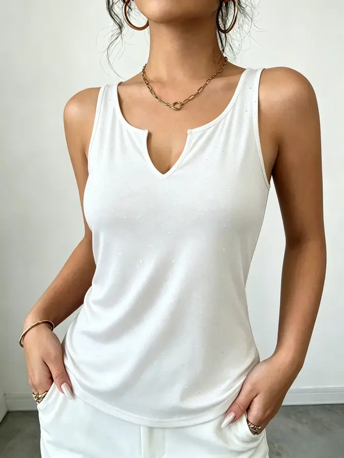 Débardeur Femme Scintillant à Encolure Crantée, Imprimé, Coupe Ample, Chic et Décontracté, Vêtements