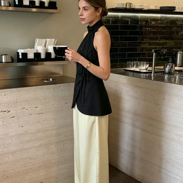Haut débardeur halter PUAL, design à nouer sur le côté, chemisier décontracté sans manches à col montant, haut pour femme en tissu doux pour le quotidien
