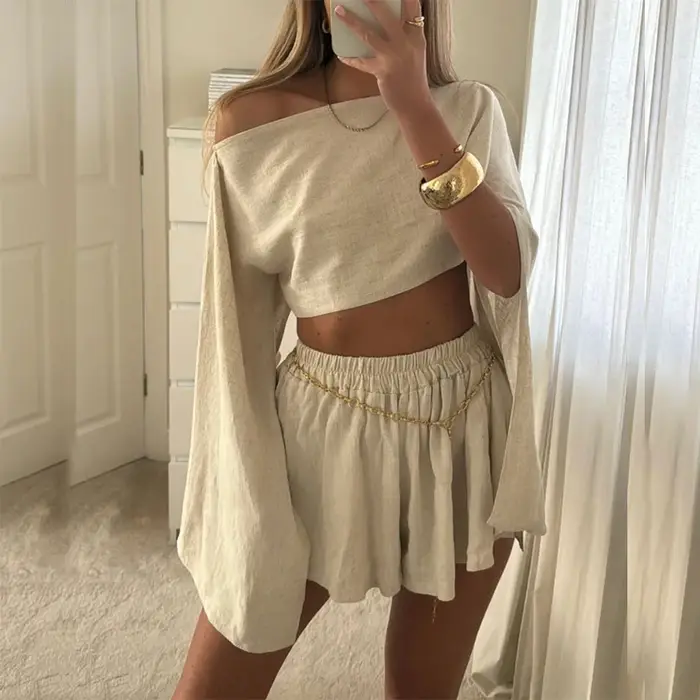 Printemps été coton lin femmes ensemble Vintage col incliné haut à manches longues + short costume de plage Sexy asymétr