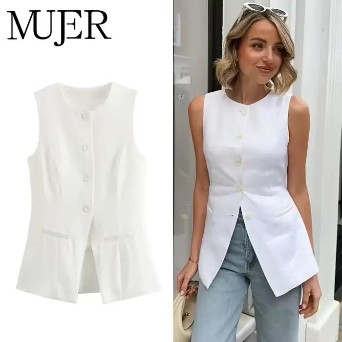 MUJER 2025 blanc gilet sans manches femmes bouton gilets d'été