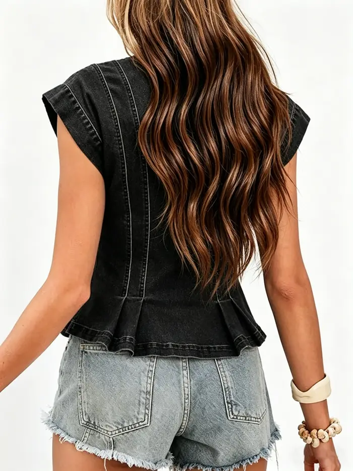 Débardeur en jean plissé sans manches pour femme, col en V, coupe ajustée, boutonné, style décontracté et tendance