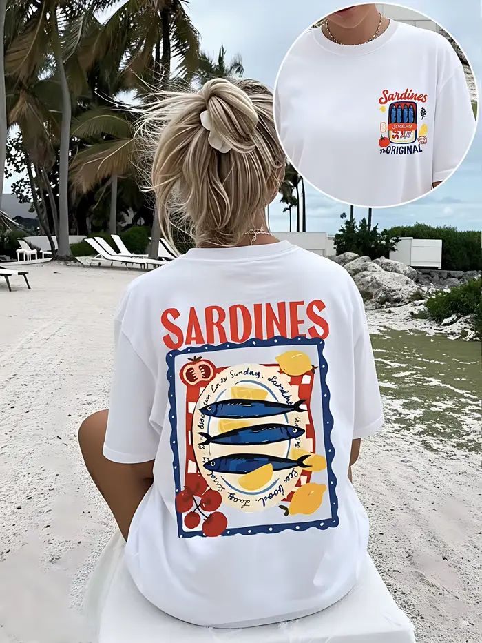 T-shirt graphique Sardines d'été italiennes pour femme, style vacances méditerranéennes, manches cou