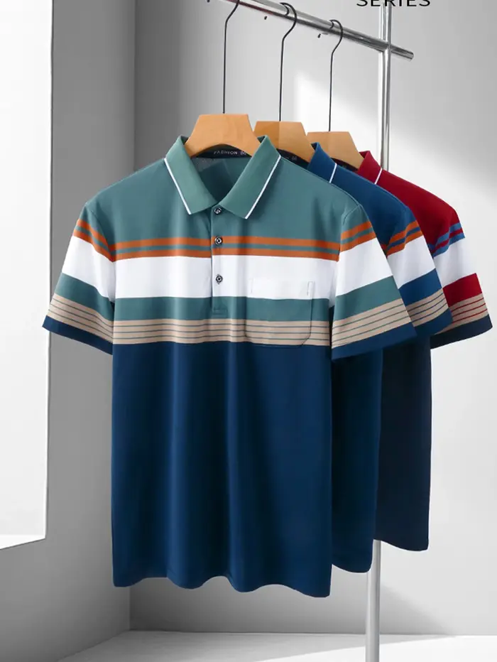 Polo pour homme pour les sports et loisirs d'été, manches courtes, avec rayures teintes en fil et poche intégrée