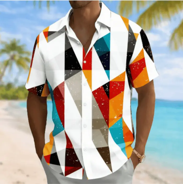 Chemise à manches courtes pour hommes, imprimé géométrique triangulaire à blocs de couleur, col raba