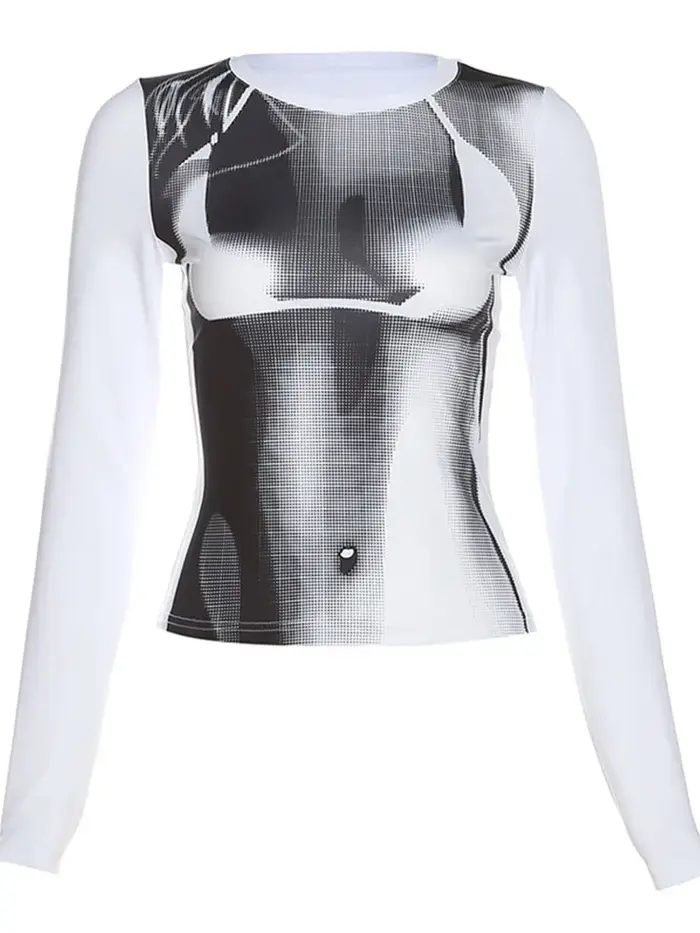 Body imprimé culture t-shirts femmes automne printemps Y2K mode coréenne à manches longues col rond haut maigre t-shirt Streetwear