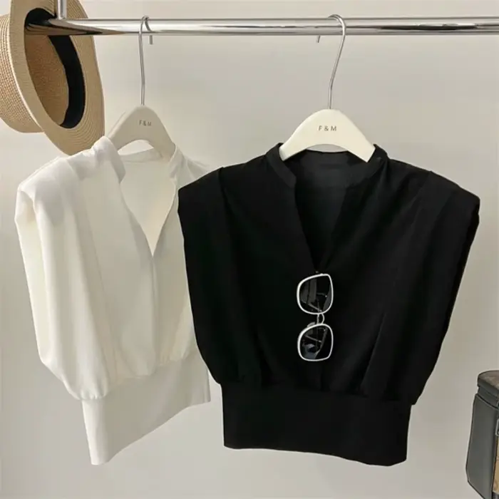 T-shirts pour femmes hauts courts manches volantes col en v T-shirts mode été Camisetas décontracté 
