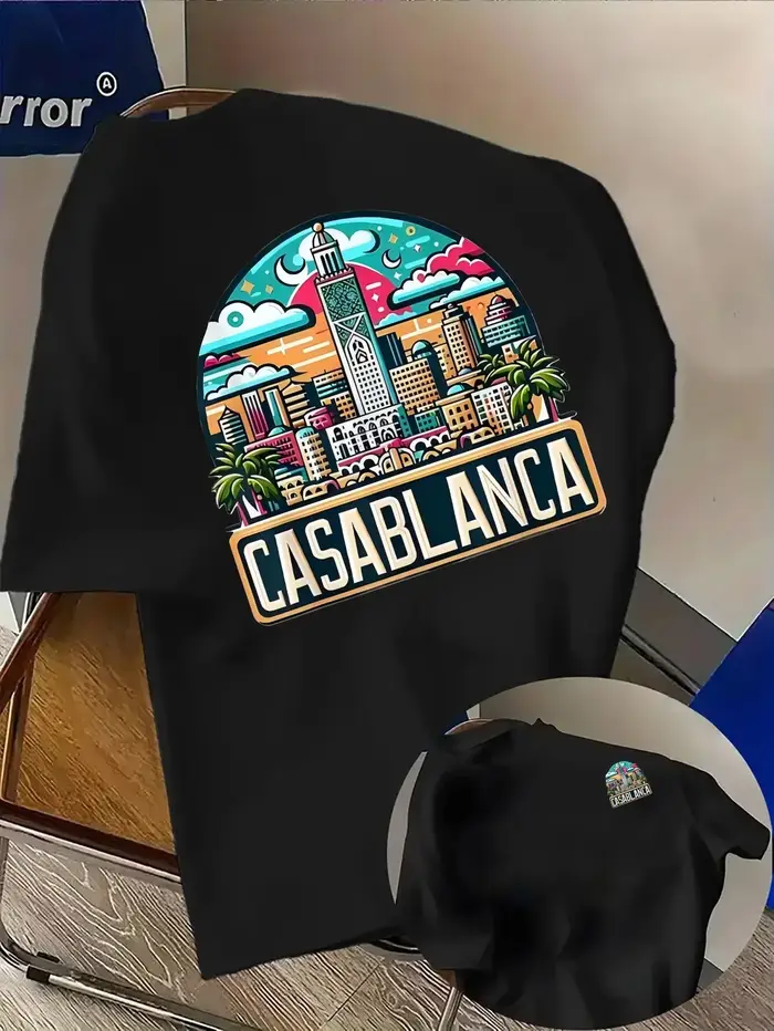 T-shirt en pur coton pour homme avec imprimé architecture urbaine marocaine et police Casablanca