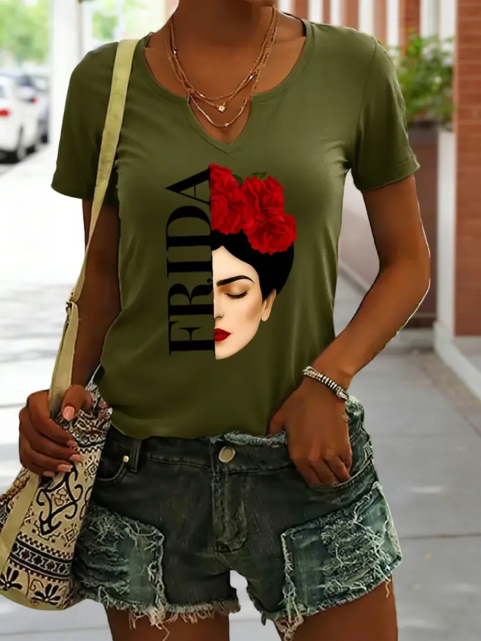 T-shirt d'été à manches courtes et col en v pour femmes