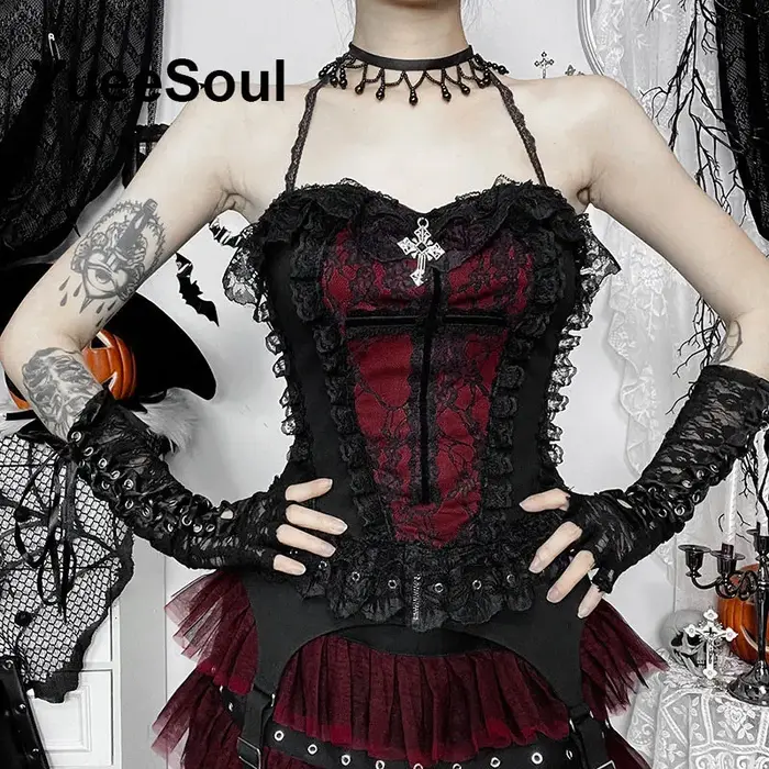 Crop tops gothiques noirs en dentelle et résille