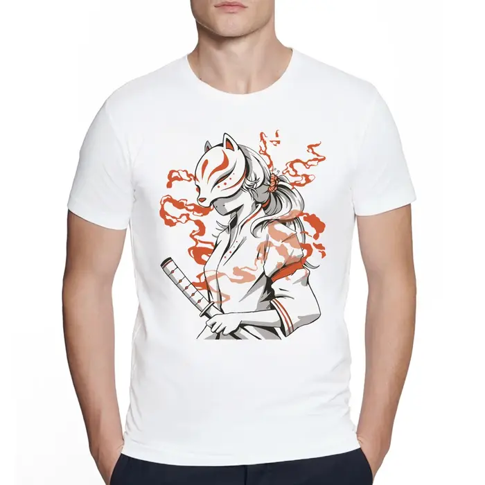 T-shirt imprimé masque de renard Kitsune pour hommes, fille d'anime japonaise Kawaii, t-shirt à manc