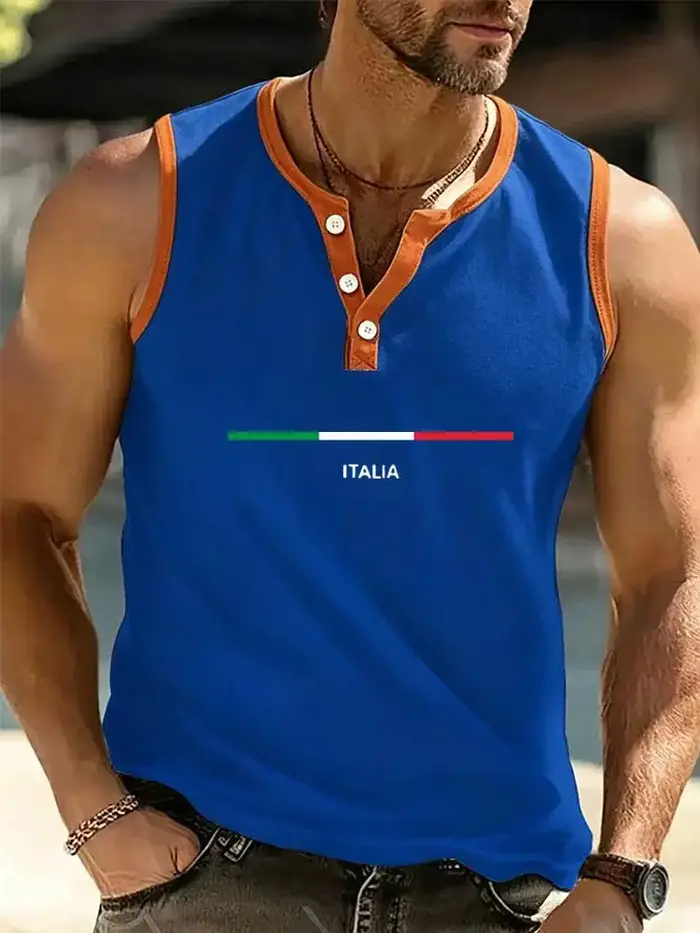 Débardeur Henley Homme à Bordures Contrastantes Imprimé Été Respirant Sans Manches Gilet Musculaire Décontracté Plage Gym Fitness Sous-vêtement