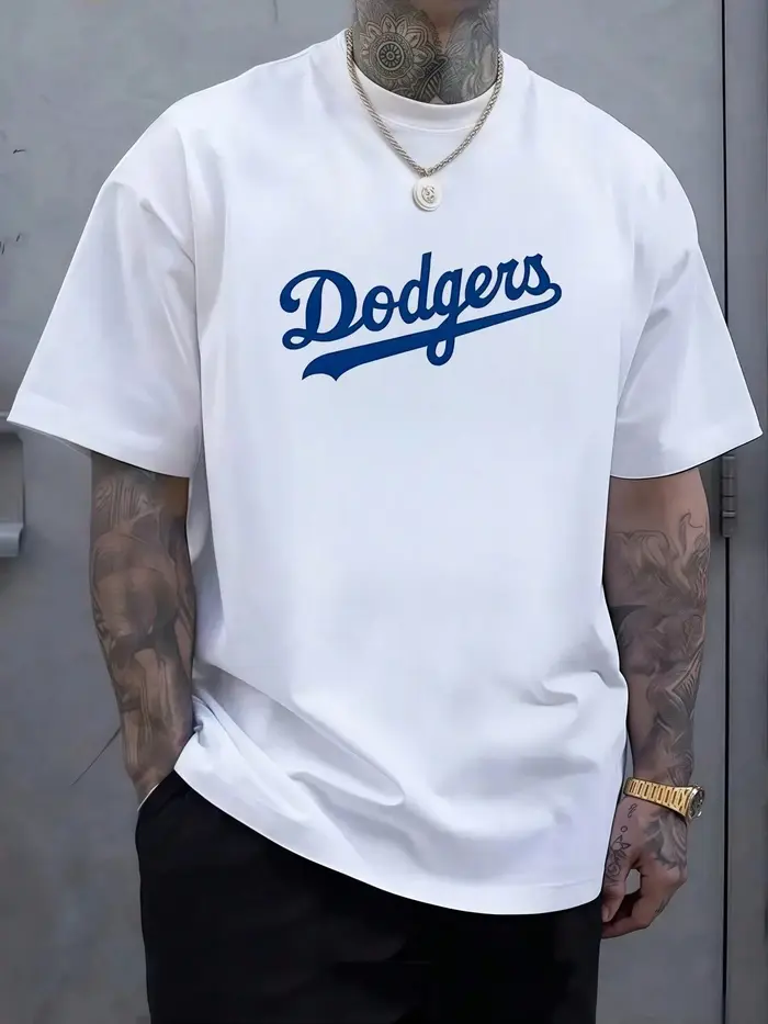 T-shirt pour homme 2026 avec emblème des Dodgers en lettres cursives bleu foncé