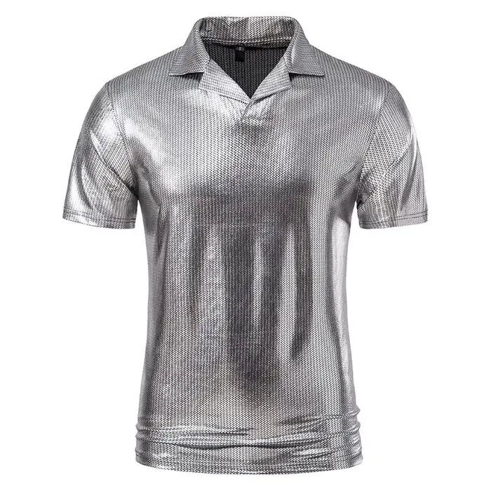 T-shirt à col et manches courtes pour homme, doré gaufré, style urbain brillant, en fibre de polyest