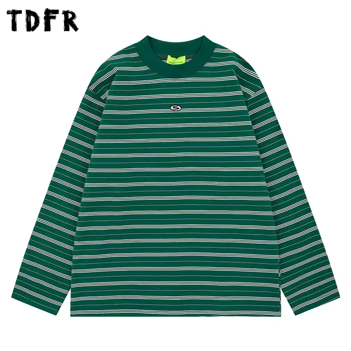 Rayé à manches longues T-shirt hommes broderie automne rétro décontracté col rond en coton