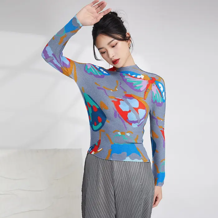 Vente chaude plissé artisanat haut femmes mode imprimé Blouse élastique à manches longues T-Shirt