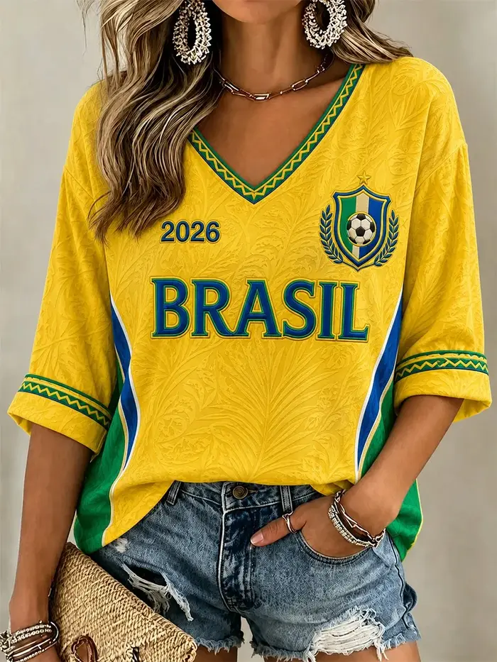 T-shirt décontracté à col en V et manches courtes pour femmes, imprimé pour les fans de football du 