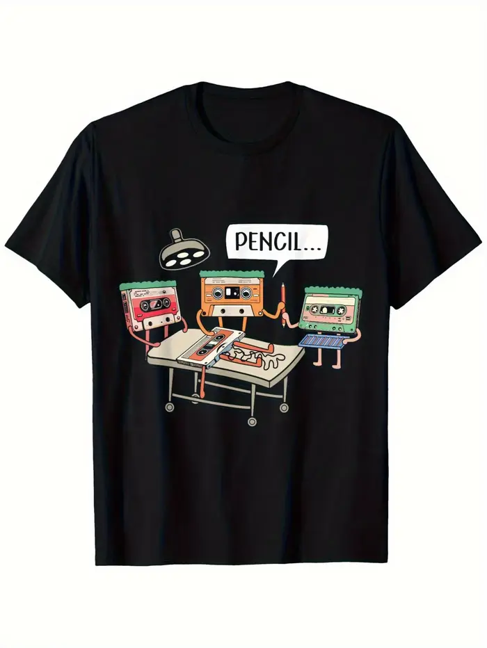 T-shirt en coton noir pour homme, imprimé graphique vintage années 80, col rond, manches courtes, un