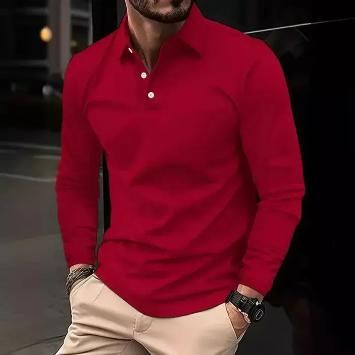 Classique hommes simple couleur unie revers polos printemps automne affaires loisirs voyage en plein air amis fête à manches longues hauts