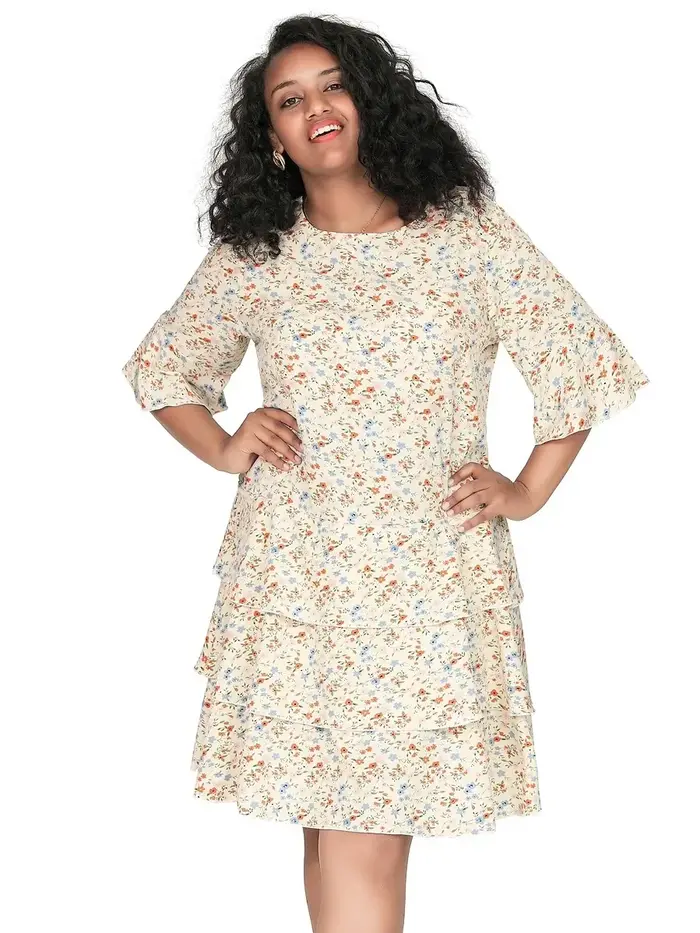 Robe trapèze à volants à plusieurs niveaux pour femmes, grande taille, manches 3/4, imprimé floral, 