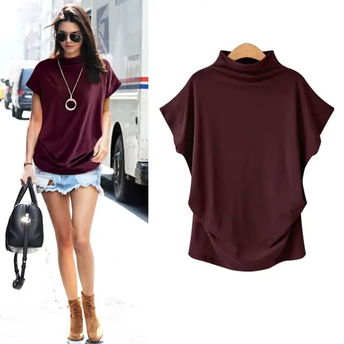 6XL femmes été T-Shirt manches courtes chauve-souris ample solide gris col roulé