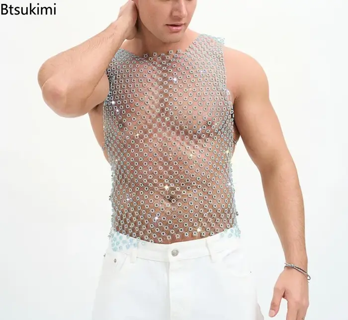 Nouveaux débardeurs vintage à sequins brillants pour hommes