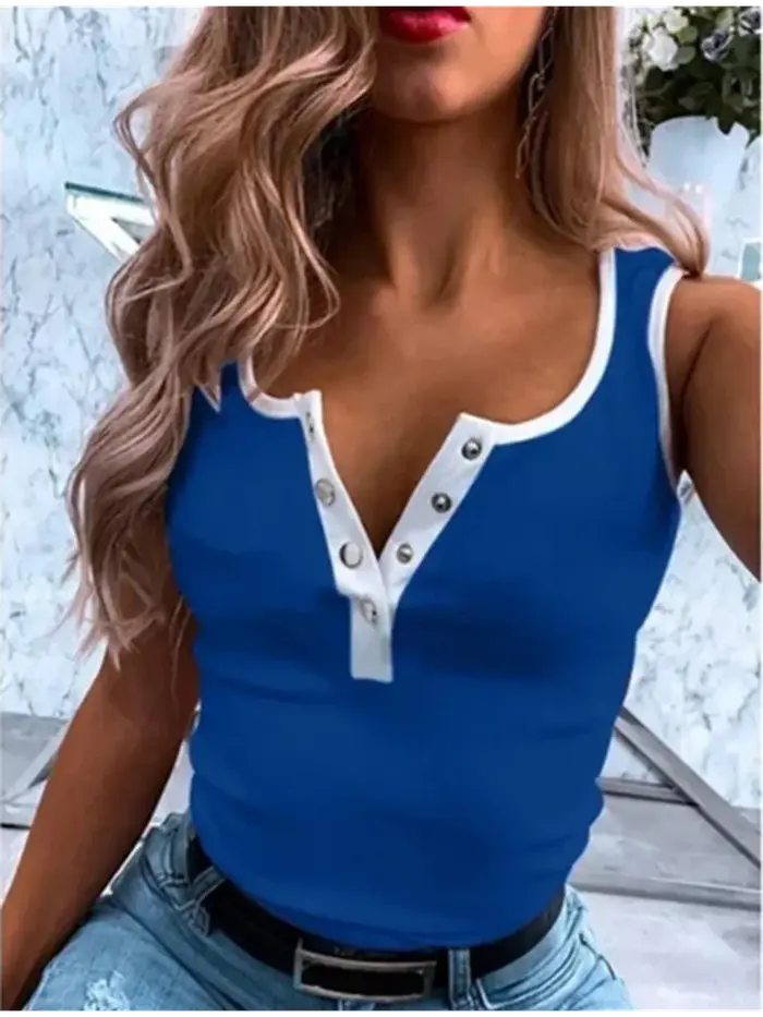 Femmes sans manches bouton mince Camisole monochromatique gilet décontracté été T-Shirt nouveau 2021