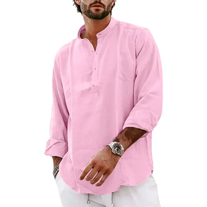 Nouveaux hommes à manches longues coton T-Shirts léger Streetwear Henley chemises en lin