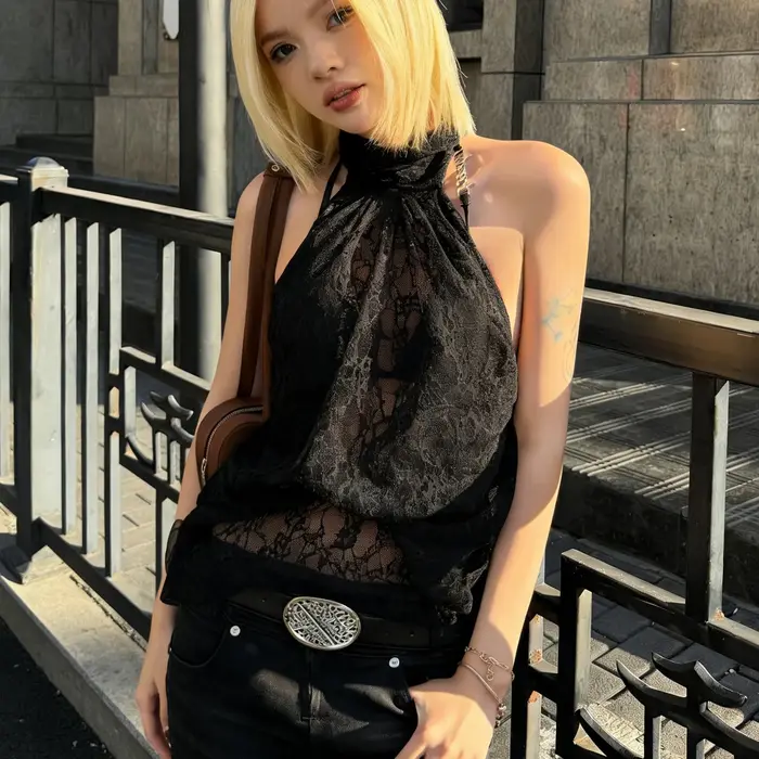 Top en dentelle à licou, transparent, dos nu, sans manches, style Y2K, streetwear, tenue de club, dé