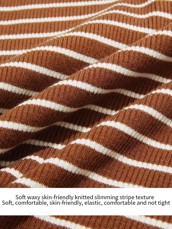 Je crois vous hauts à manches longues pour femme 2025 hiver rétro marron rayé col rabattu tricot T-shirt