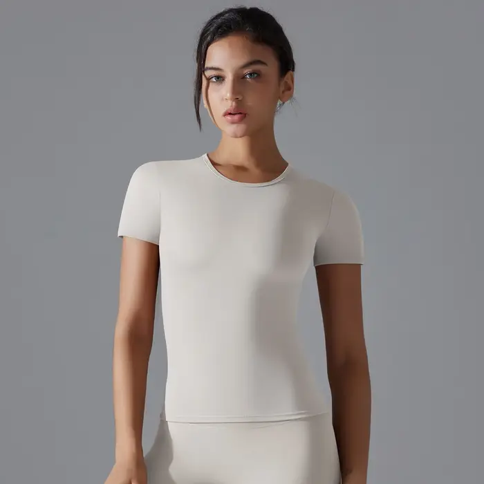 Femmes course sport t-shirt été à manches courtes col rond respirant extensible GYM Yoga mince Fitne
