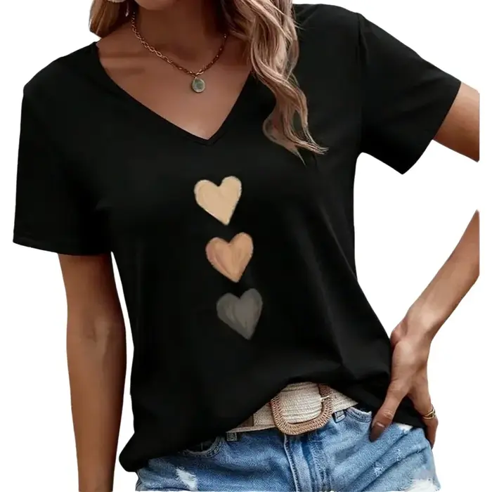 T-shirt pour femme col en V à manches courtes, imprimé cœur dégradé, coupe ample, doux, décontracté, mignon, respirant, idéal pour le printemps, l'été et les soirées