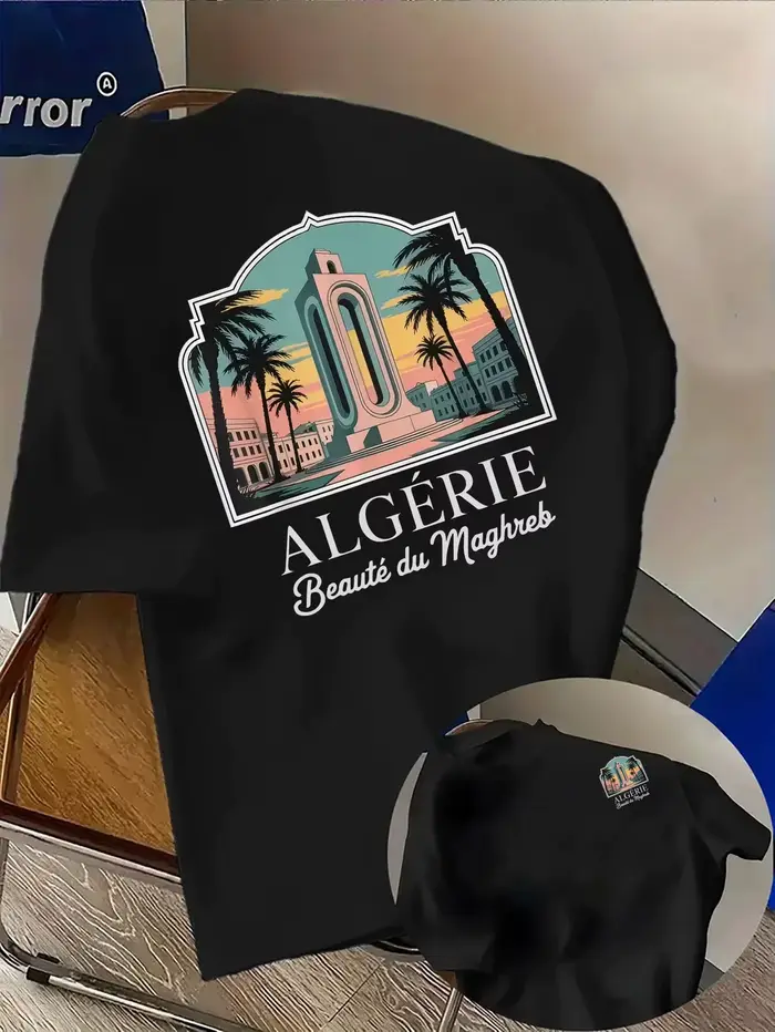 T-shirt d'été pour homme de style maghrébin avec le logo « Algérie » sur un haut à col rond respirant, anti-humidité et ample