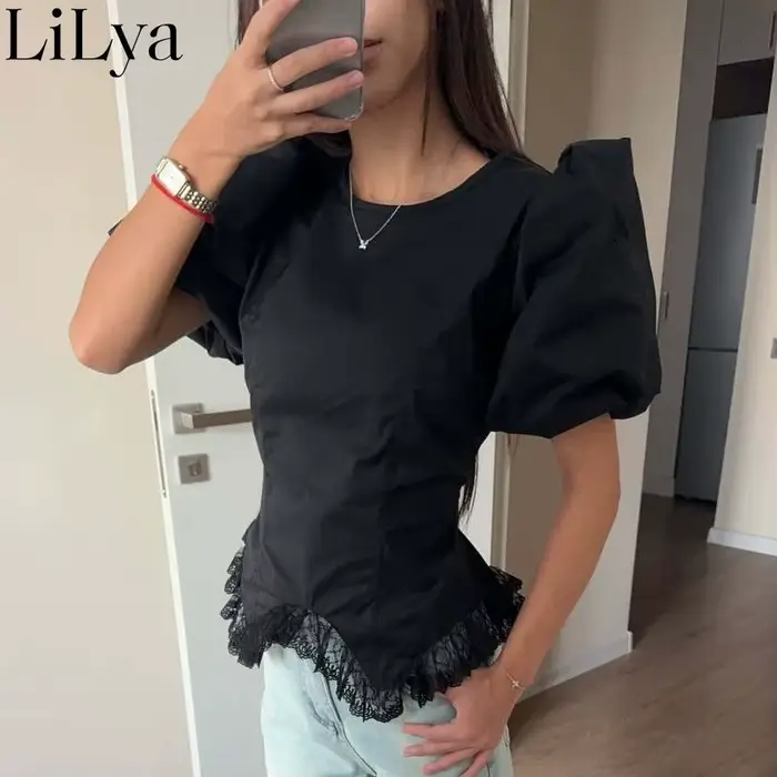 T-shirt Femme Chic à Manches Bouffantes et Dentelle