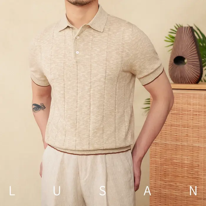Polo tricoté en lin et coton mélangé pour hommes, manches courtes, Business décontracté, revers rayé