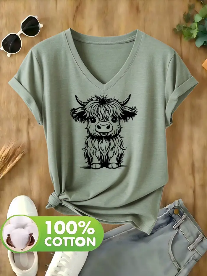 T-shirt imprimé à col en V pour femme, 100 % coton, pièce unique. Fabriqué en pur coton, confortable