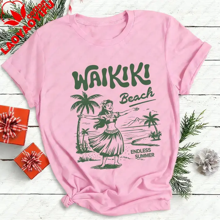 Waikiki chemise de plage Hawaii graphique T-Shirt Hula Girl Vintage île T-Shirt sans fin été vacance