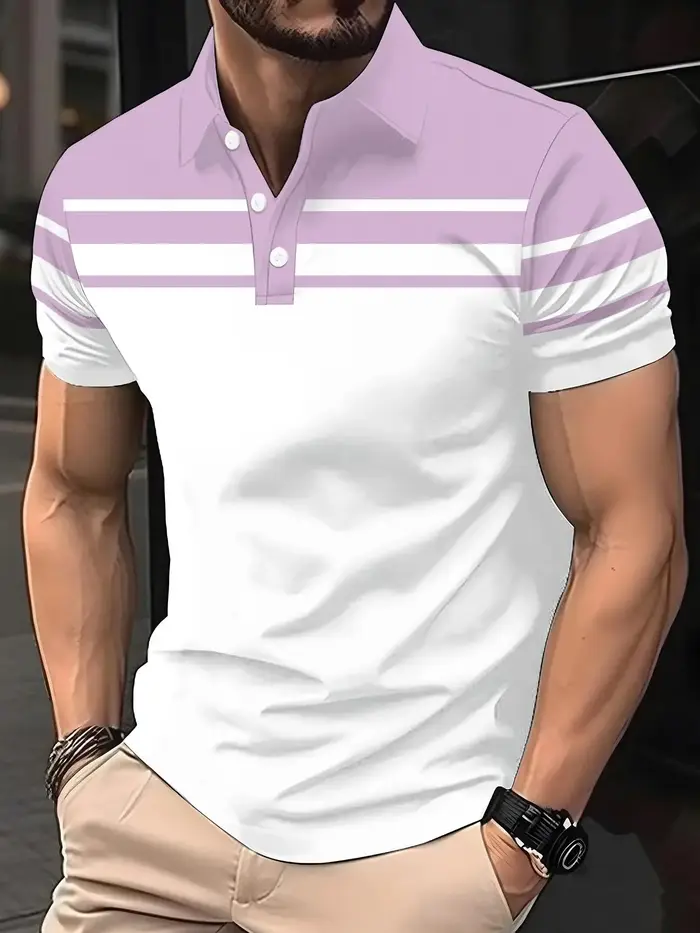Polo d'été pour homme tendance, avec un design décontracté à col boutonné et un imprimé rayé personn