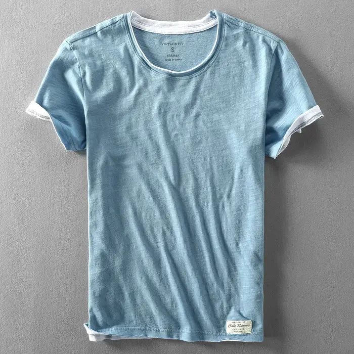 Faux deux T-shirts pour hommes rétro mode été coton couleur unie à manches courtes hauts mâle décontracté Simple mince blanc t-shirt vêtements