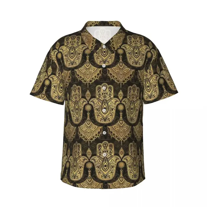 Chemise hawaïenne à main Golden Hamsa pour hommes