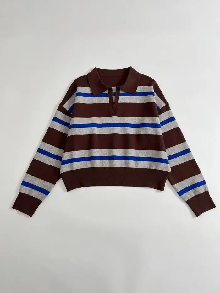 Polo à manches longues en tricot rayé pour femme