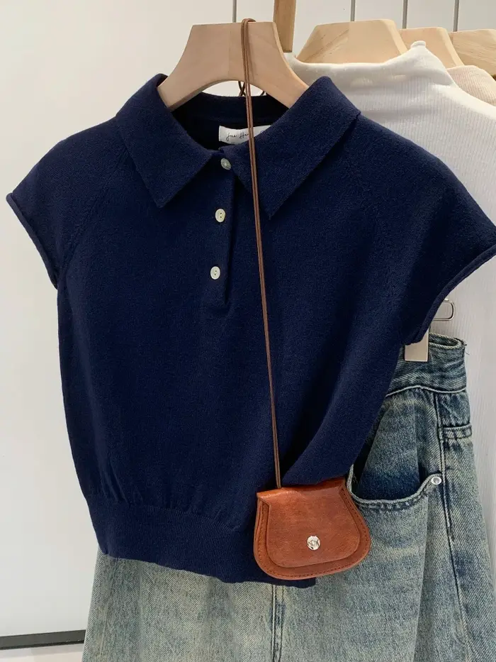 Nouveau T-shirt Femme Col Polo Bleu Marine Été 2026 – Haut Tricoté Chic et Décontracté à Manches Courtes Couleur Unie Tendance
