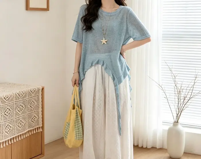 T-shirt bleu décontracté à manches courtes pour femme