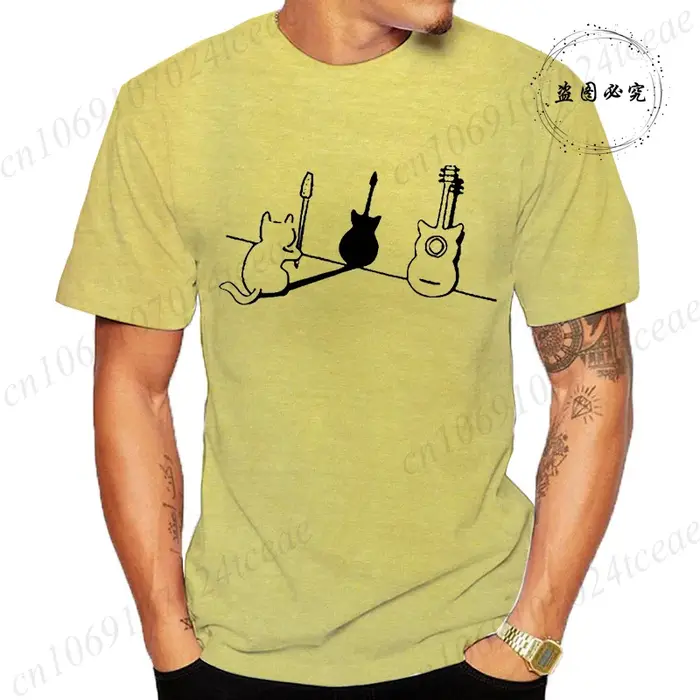 T-shirt pour femmes hommes chat et guitare Design drôle hauts doux unisexe col rond T-shirts vêtemen